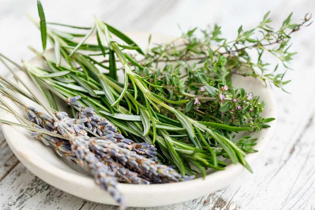 dried lavender and rosemary in white bowl
